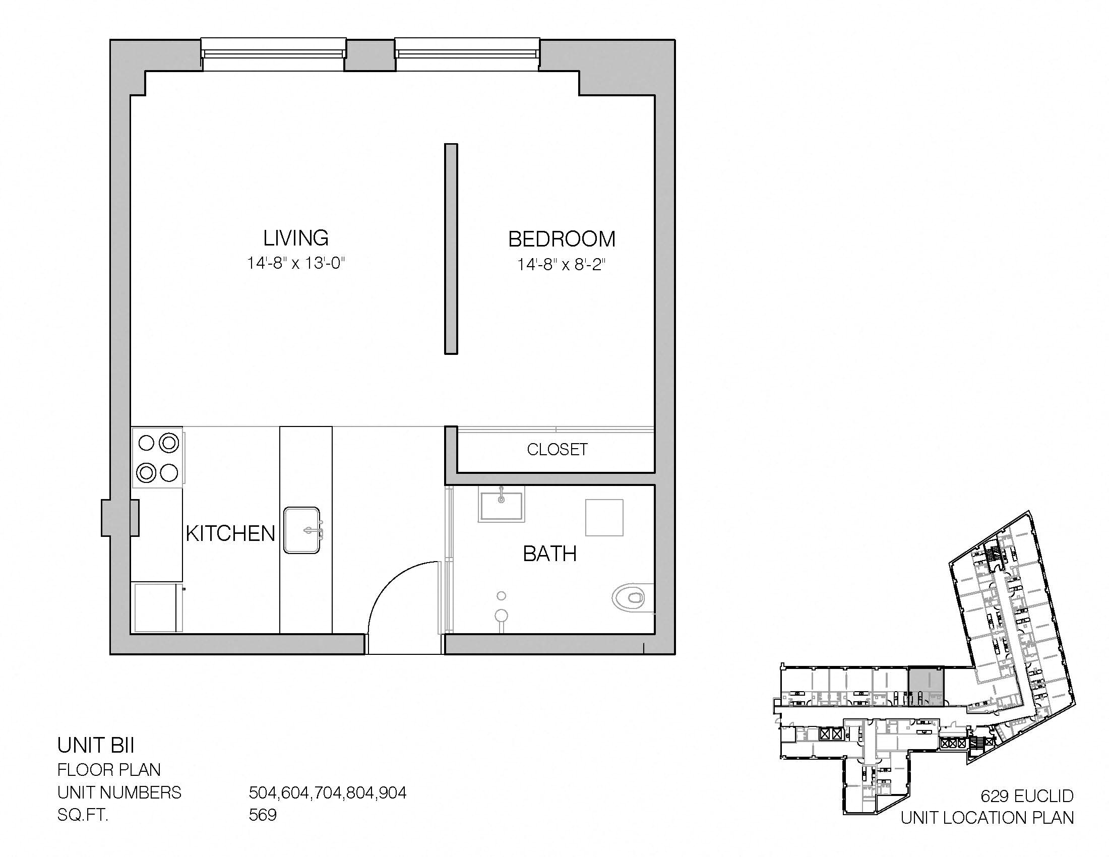 Floor plan for studio, 1 bath, 569 sqft